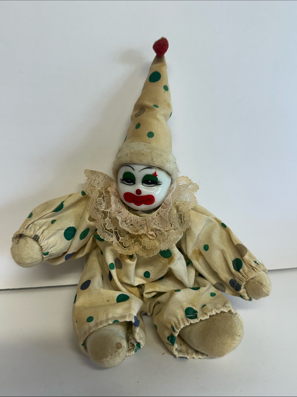 Vintage Cream Polka Dot Clown Doll with Red Nose